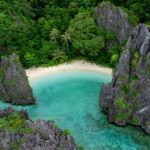 Aerial view of a white-sand beach in El Nido, Palawan