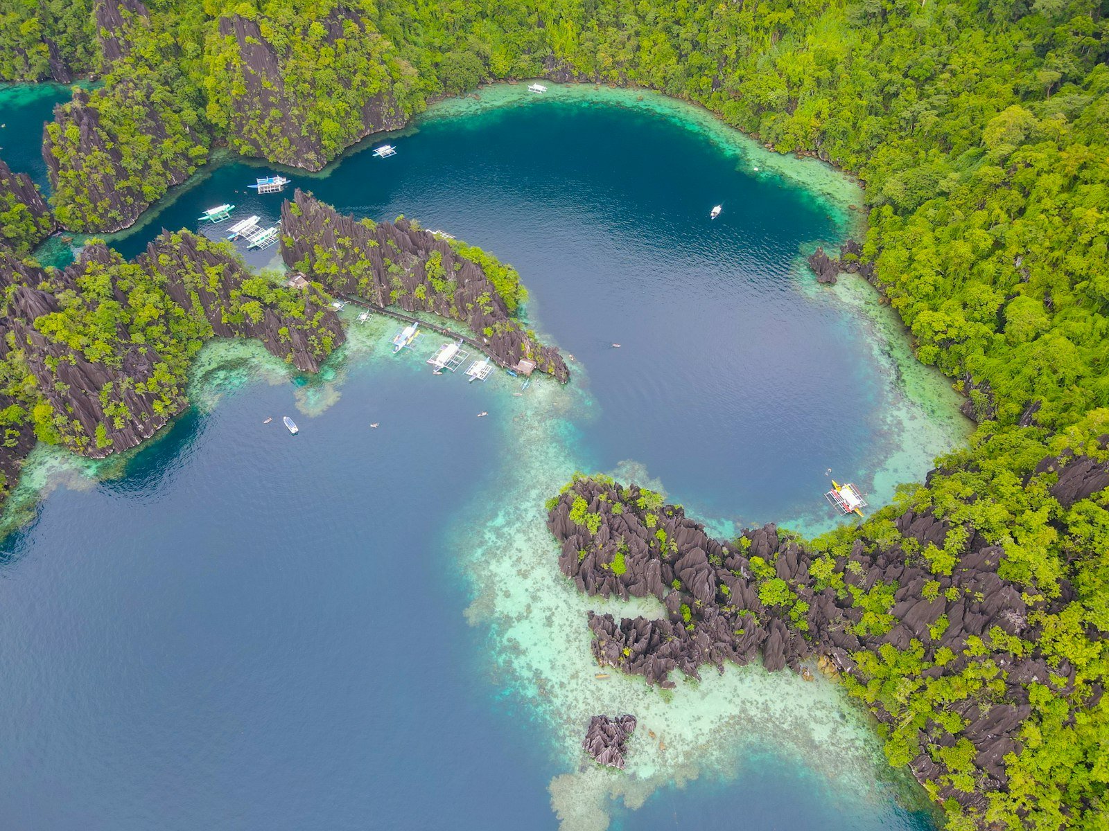 Aerial view of lush limestone islands in Palawan, Philippines