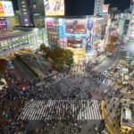 Crowds crossing the Shibuya scramble crossing in Tokyo at night